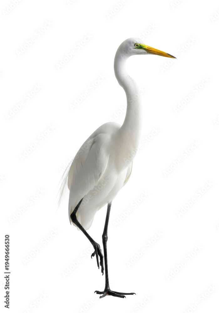 Fototapeta premium A majestic great white egret with pristine plumage stands on one black leg, neck curved, isolated against a high-key transparent studio background, showcasing elegant solitude