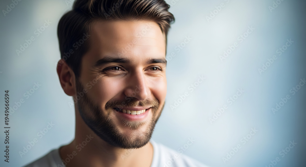 Obraz premium Close-up portrait of a handsome young man with a beard smiling warmly, looking away from the camera with a bright and positive expression.