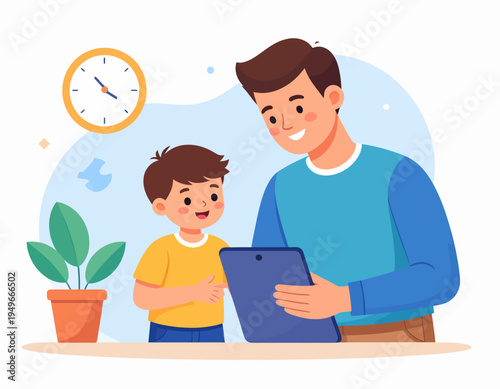 Happy father and son enjoying quality time together while exploring educational content on a digital tablet, fostering early learning and technological engagement in a supportive home environment