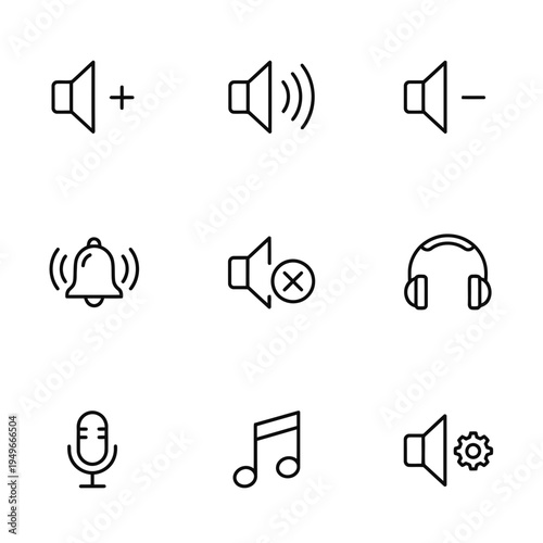 Collection of sound and audio icons featuring volume controls, speaker, mute, notification bell, microphone, music note, and headphones on a white background