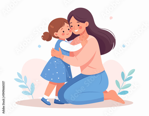 A loving mother tenderly embracing her happy young daughter in a warm hug, illustrating a beautiful family bond and affection