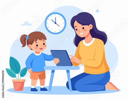 Mom and daughter enjoying time together learning on a tablet, illustration representing modern family and digital education