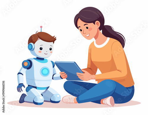 A young boy with a friendly robot companion sits and learns on a tablet, showcasing early childhood education and technology integration