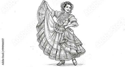 A graceful woman in traditional attire performs a lively dance, her skirt flaring dramatically in a beautiful illustration