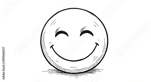 A hand-drawn sketch of a smiling emoji with closed eyes, rendered in black and white with hatching for shading.