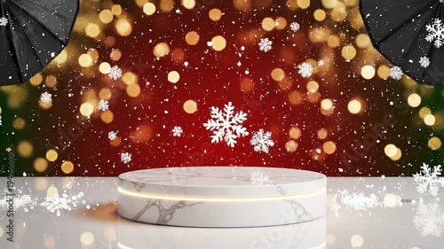 Snowflakes fall gently around a white marble podium on a reflective surface with black umbrellas and warm bokeh lights in the background.