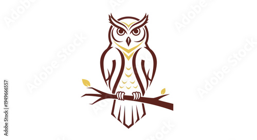 Stylized owl illustration on branch with minimalist design and isolated white background
