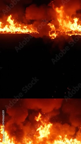 Intense flames and glowing embers against a dark background