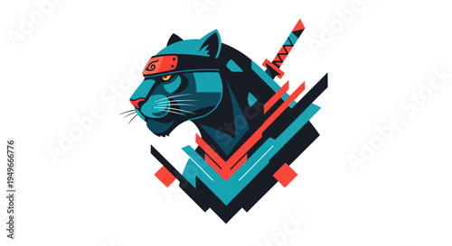 Stylized panther with headband and sword vector illustration