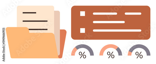 Data organization, analytics tracking, performance evaluation, business insights, workflow management, reporting tools. Open folder with documents, chart graphs and percentages. Data organization