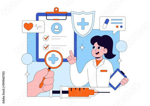 Medical Anamnesis Consultation Illustration With Doctor Patient Interview, Health Record Checklist, Diagnosis Assessment, and Clinical Examination