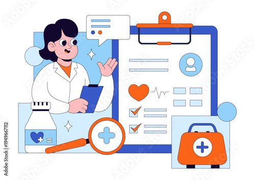 Medical Anamnesis Consultation Illustration With Doctor Patient Interview, Health Record Checklist, Diagnosis Assessment, and Clinical Examination