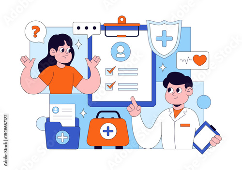 Medical Anamnesis Consultation Illustration With Doctor Patient Interview, Health Record Checklist, Diagnosis Assessment, and Clinical Examination