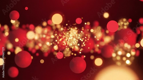 Vibrant red and gold bokeh lights sparkle in a dark festive atmosphere creating a lively celebration scene with glowing orbs and shimmering particles.