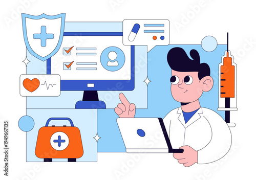 Medical Anamnesis Consultation Illustration With Doctor Patient Interview, Health Record Checklist, Diagnosis Assessment, and Clinical Examination
