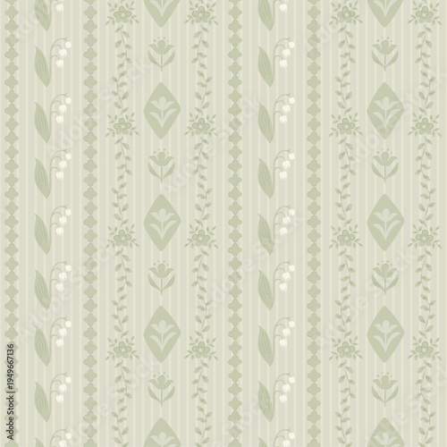 Green vintage flowers seamless pattern, vector hand drawn floral pattern.