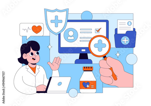 Medical Anamnesis Consultation Illustration With Doctor Patient Interview, Health Record Checklist, Diagnosis Assessment, and Clinical Examination