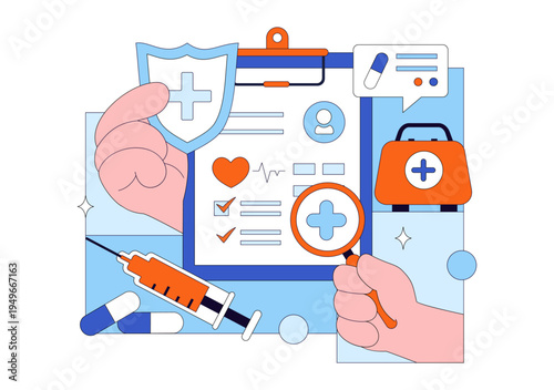 Medical Anamnesis Consultation Illustration With Doctor Patient Interview, Health Record Checklist, Diagnosis Assessment, and Clinical Examination