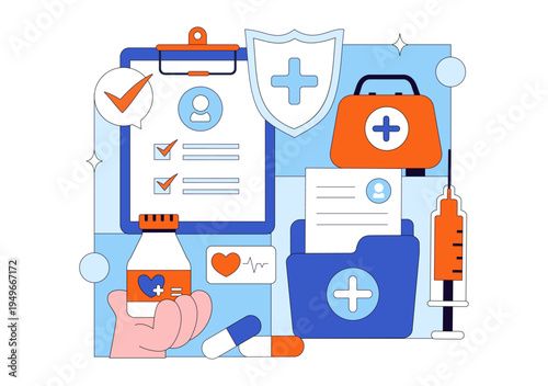 Medical Anamnesis Consultation Illustration With Doctor Patient Interview, Health Record Checklist, Diagnosis Assessment, and Clinical Examination