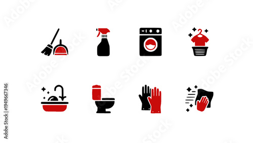 Flat vector icons featuring cleaning supplies, sanitation tools, and household maintenance items.