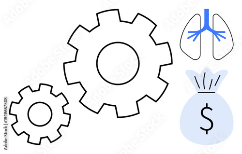 Healthcare investment, medical innovation, financial growth, technology, respiratory health, economic development. Gears, lungs and money bag icon combine. Healthcare investment and medical