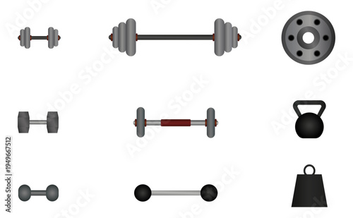 Ilustración de pesas, barras, mancuernas y disco. Vector de herramientas de gimnasio. Icono de ejercicio, deporte y salud para sitio web, folleto, app y otros.