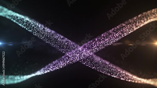 Glowing purple and teal lights intersect in a dark space with sparks
