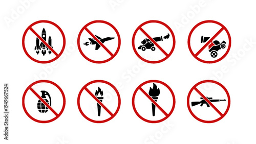 Collection of prohibition icons related to sound restrictions, mute symbols, and noise control signs.