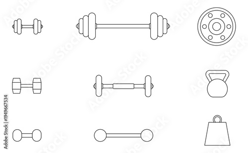 Ilustración blanco y negro de pesas, barras, mancuernas y disco. Vector de herramientas de gimnasio. Icono de ejercicio, deporte y salud para sitio web, folleto, app y otros.