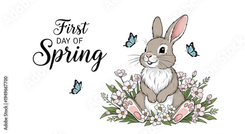 A cheerful rabbit sits amidst blooming flowers and butterflies on the first day of spring with a springtime concept design.