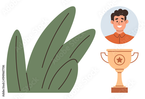 Personal achievement, success, leadership, growth, recognition, motivation. Smiling man s profile near green leaves and trophy. Achievement and success by trophy and greenery