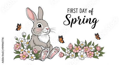 Illustration of a cute bunny surrounded by blooming flowers and butterflies on the first day of spring with vibrant colors and a floral spring background.