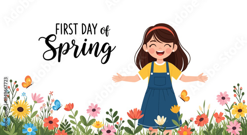 Illustration of a cheerful young girl standing in a vibrant spring garden with blooming flowers and the text 'FIRST DAY of Spring' in a playful, colorful design.