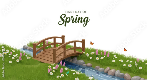 A serene illustration of a wooden bridge over a stream on the first day of spring with blooming flowers and vibrant colors in a natural landscape.