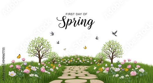 Illustration of a vibrant spring landscape with blooming flowers, trees, and birds on the first day of spring, symbolizing seasonal change and nature's rebirth with a floral background.