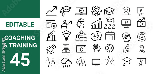 Capacity building line editable icon set. Contain icons related to training,Coaching and Training icon set.