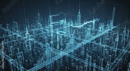 Futuristic digital cityscape rendered in glowing blue wireframe lines, depicting a high-tech urban network with abstract data flows.