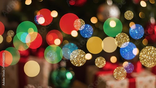 Vibrant Christmas lights and ornaments adorn a tree surrounded by gifts indoors at night