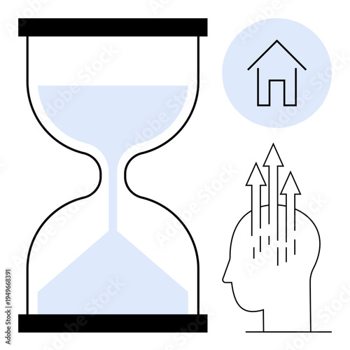 Time management concept. Hourglass time with home and arrows indicating personal growth and focus. Time management enhances productivity and self-improvement. For business, education, mindfulness