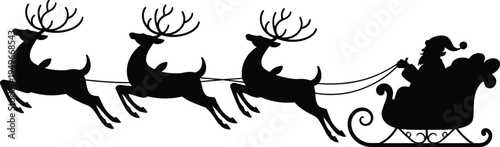 Santa sleigh with reindeer silhouette, Christmas Santa Claus flying sleigh vector, holiday winter reindeer team festive illustration