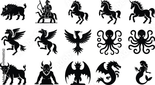 Mythical creatures silhouette set, fantasy animals and legendary monsters vector collection, dragon, unicorn, phoenix, pegasus, octopus illustration