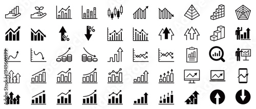 ビジネス・統計グラフのアイコンセット（折れ線・棒グラフ・円グラフ・アウトラインあり）
