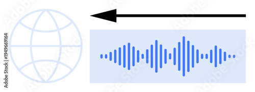 Data transmission. Global data transmission illustrated with an audio waveform, directional arrow, and globe. Data transmission for communication networks, technology systems, digital media