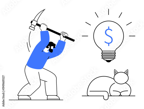 Creativity, innovation, idea generation, problem solving, productivity, teamwork. Man holding pickaxe near lightbulb with dollar sign, resting cat nearby. Creativity and idea generation concept