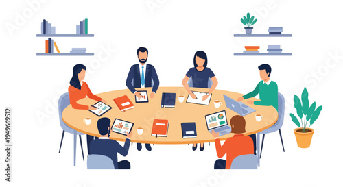 Six diverse business professionals are actively engaged in a meeting around an oval table, utilizing technology and documents in a modern office environment.