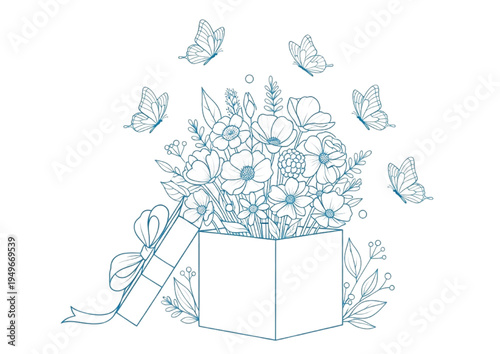 Charming illustration of a surprise gift box revealing a beautiful floral bouquet and delicate butterflies, symbolizing joy and new beginnings