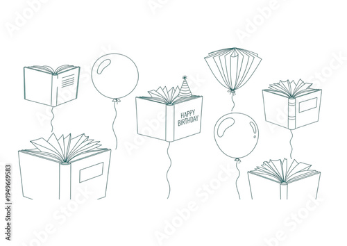 Whimsical line art of open books ascending with balloons, celebrating knowledge and imagination