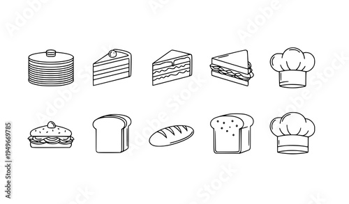 Minimal food line icons vector set with pancakes cake sandwich bread and chef hat