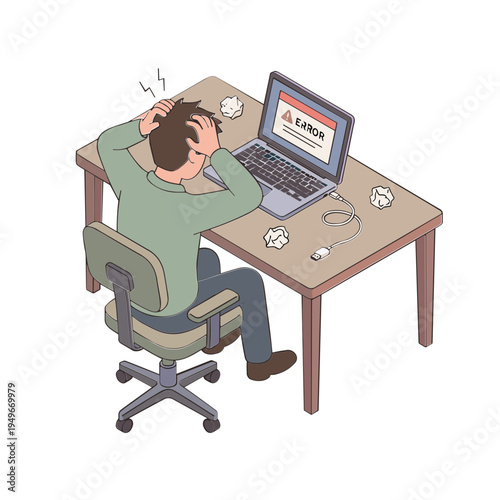 A man sits frustrated at a desk with a laptop, surrounded by crumpled papers.