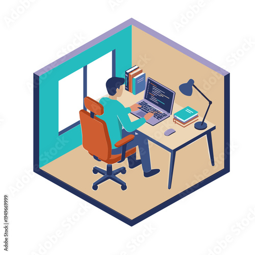 Man works on laptop at desk in office cubicle with books and lamp
